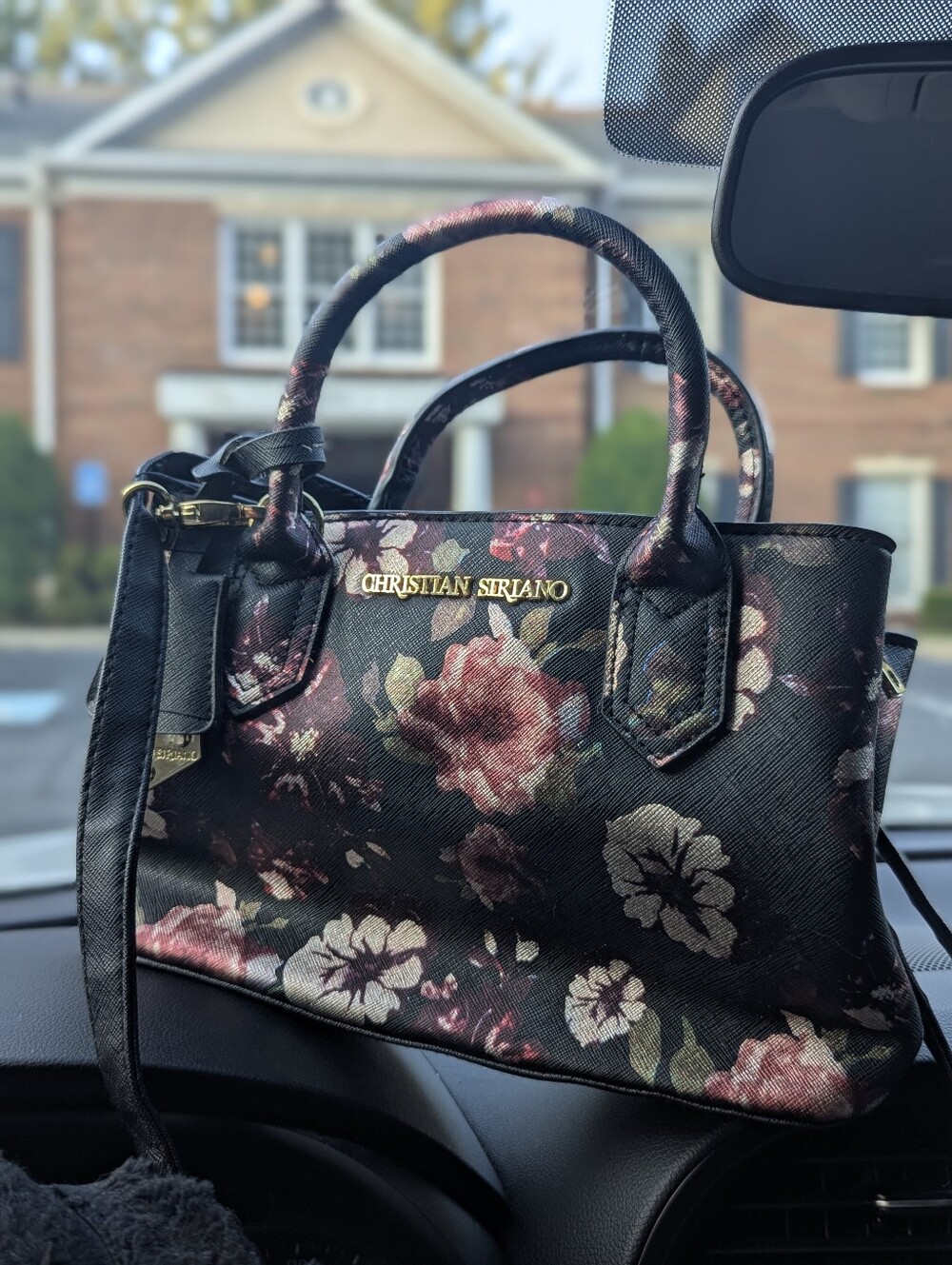 Christian Siriano Floral Crossbody Satchel Bag Black Saffiano Handbag Clean